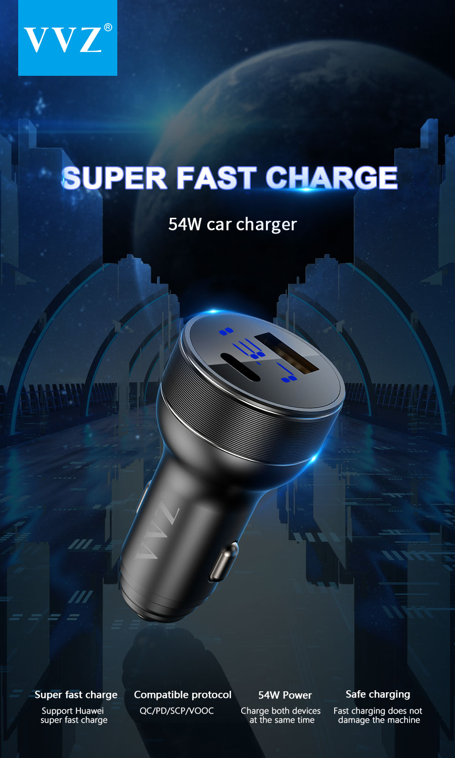 SẠC Ô TÔ 2 CỔNG SẠC NHANH 54W HÃNG VVZ - CC2