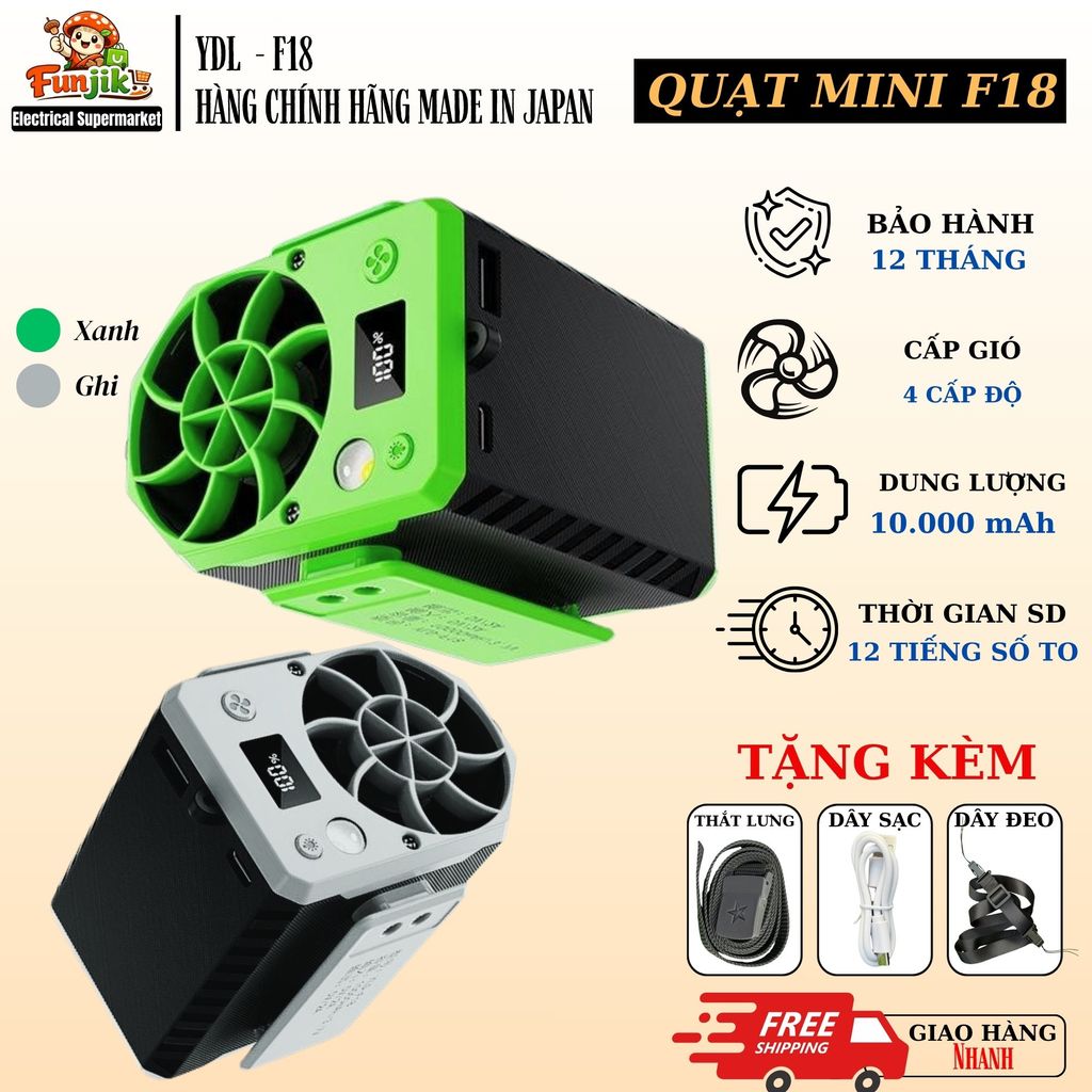 Quạt Mini Đeo Thắt Lưng F18 - Dung Lượng 10.000mAh - 4 Cấp Gió - Làm Mát Áo Hiệu Quả