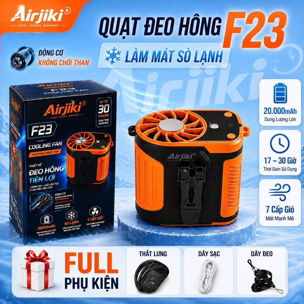 Quạt Mini Đeo Thắt Lưng F23 - 20.000mAh Sò Lạnh . Động Cơ Không Chổi Than