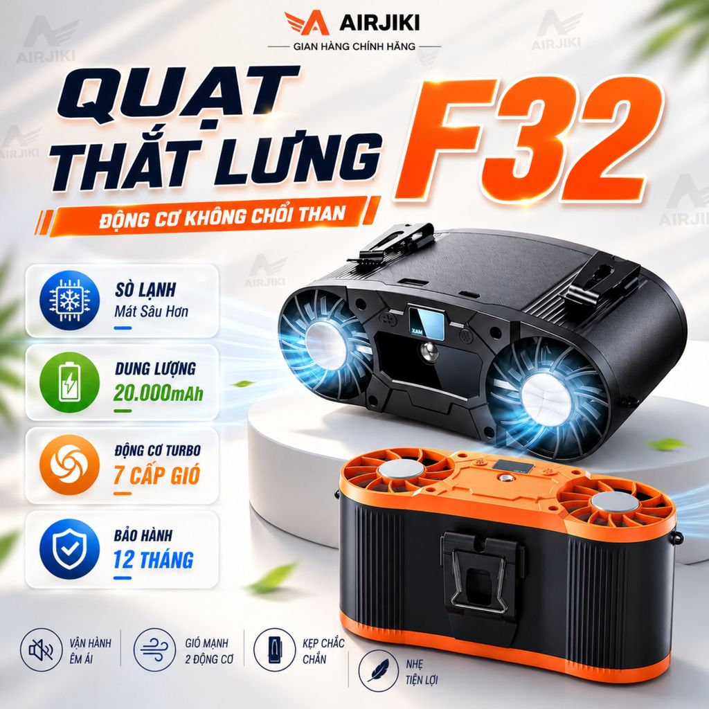 Quạt Mini Đeo Thắt Lưng F32 - 20.000mAh Sò Lạnh . Động Cơ Không Chổi Than