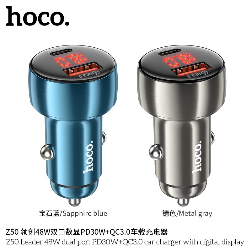 Tẩu Sạc Ô Tô Hoco Z50 Sạc Nhanh 48W 2 Cổng Type C USB Màn Hình LED Điện Áp Cao Cấp