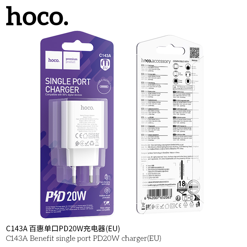 Củ Sạc Hoco C143/C143A (US/EU)  PD20W Cổng Type-C Thiết Kế Nhỏ Gọn, Hỗ trợ Sạc Nhanh Ổn Định