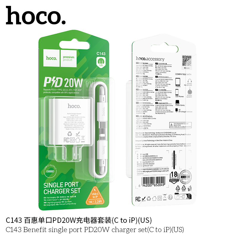 Bộ Sạc Nhanh Hoco C143/C143A (US&EU) PD20W Kèm Cáp 1M, Sạc Nhanh Ổn Định, Thiết Kế Gọn Nhẹ