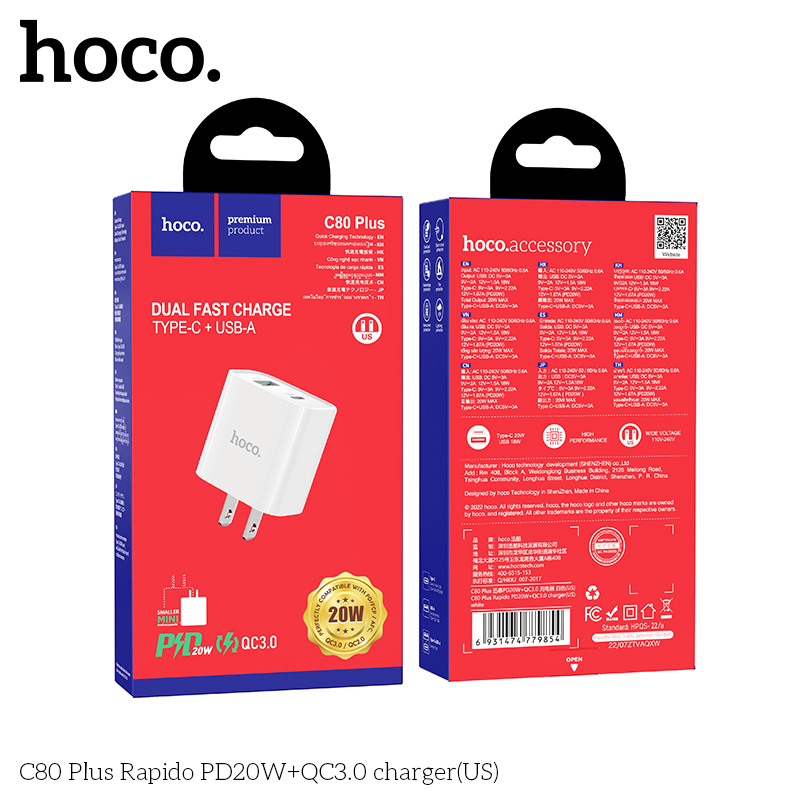 Củ Sạc Nhanh Hoco C80/C80 Plus (US) PD20W QC3.0 Nhỏ Gọn Hỗ Trợ Sạc Nhanh Cho Nhiều Thiết Bị.