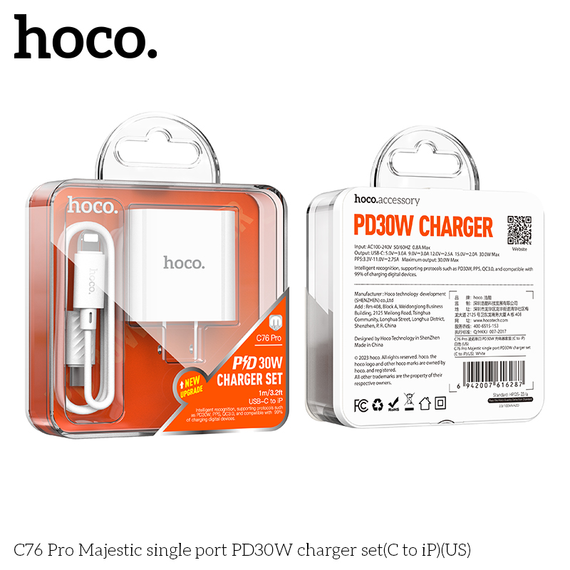 Bộ Sạc Nhanh Hoco C76 Pro (US) - PD30W Kèm Cáp C To iP, Thiết Kế Gọn Nhẹ Hỗ Trợ Nhiều Thiết Bị