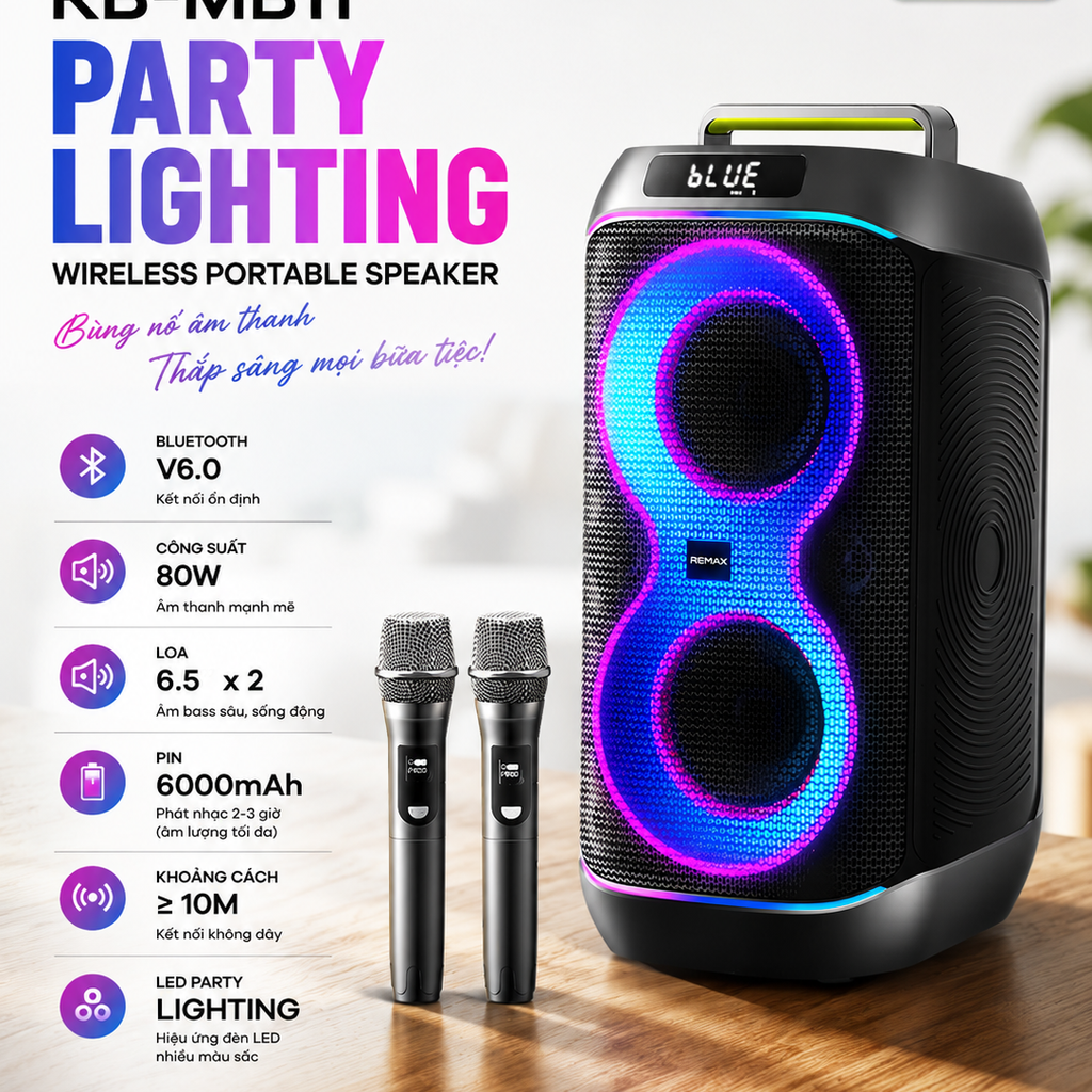 Loa Karaoke REMAX RB-MB11 80W Kèm 2 Micro Không Dây Bluetooth 6.0 Đèn LED Party Âm Thanh Sống Động