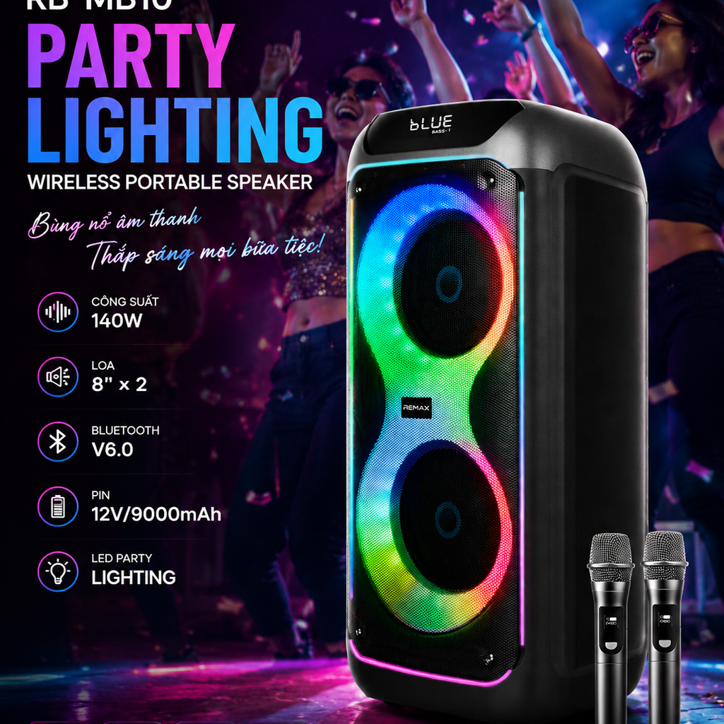 Loa Karaoke REMAX RB-MB10 Kèm 2 Micro Không Dây Công Suất 140W Bluetooth 6.0 Loa Kép 8 Inch