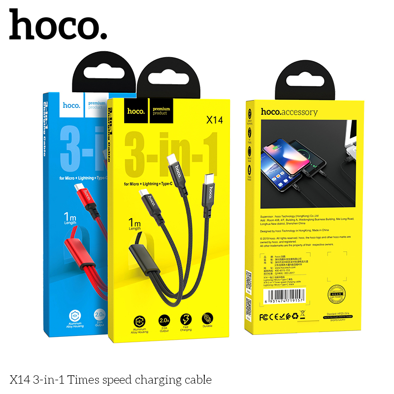 Cáp Sạc Hoco X14 - 3 Trong 1 Dây Bện Nylon Chống Rối 1M, Sạc Đa Thiết Bị