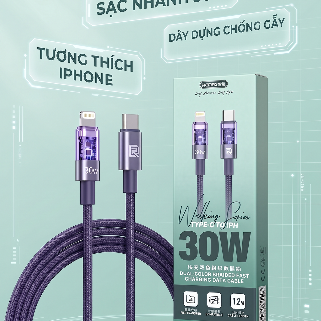 Cáp Sạc Nhanh REMAX RC-C163 Type-C Sang Điện Thoại 30W, Dây Bện 2 Màu 1.2M, Hợp Kim Nhôm, Truyền Dữ
