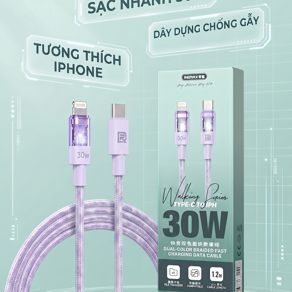 Cáp Sạc Nhanh REMAX RC-C163 Type-C Sang Điện Thoại 30W, Dây Bện 2 Màu 1.2M, Hợp Kim Nhôm, Truyền Dữ