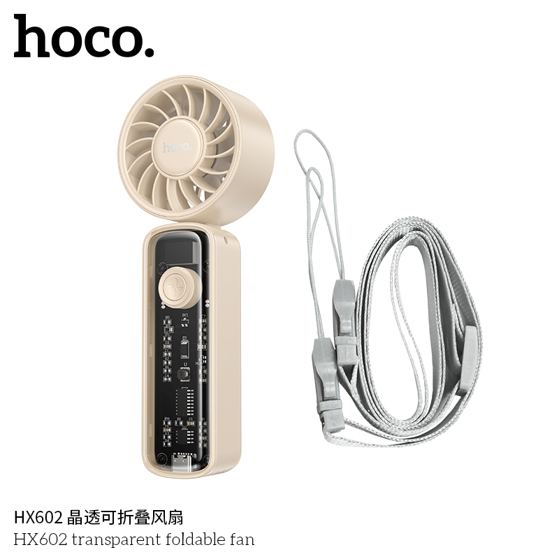 Quạt Gấp Cầm Tay HOCO HX602 Trong Suốt, Gió Mạnh 8000RPM, Pin 2000mAh, Hiển Th…