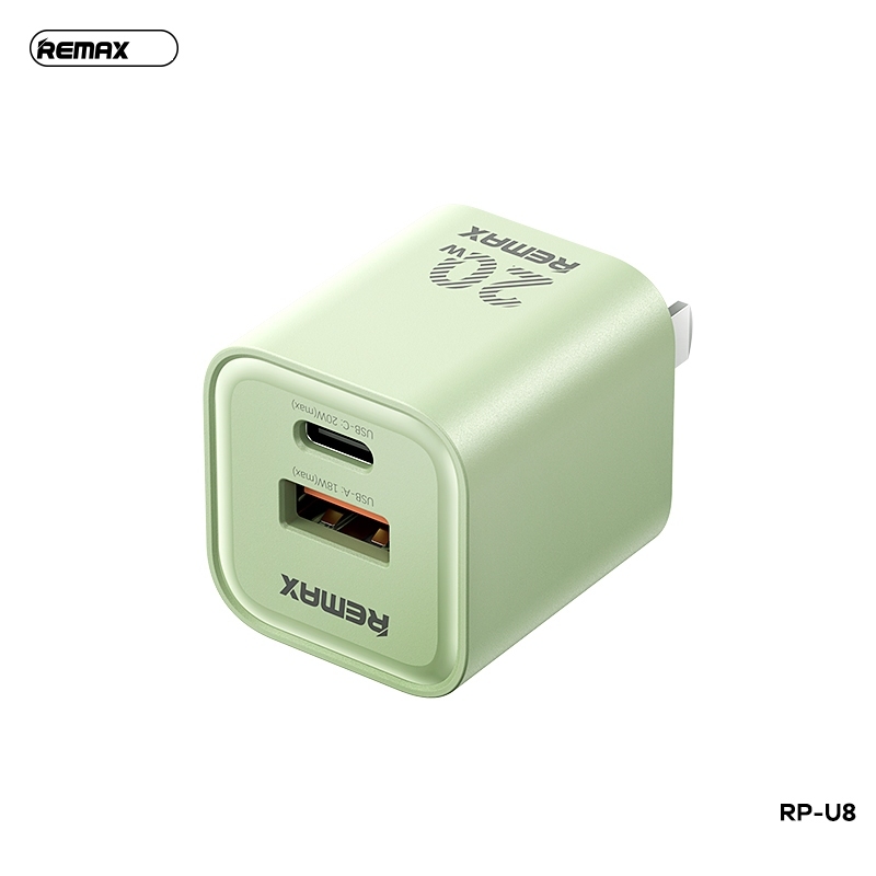 Cốc sạc nhanh 2 cổng REMAX RP-U8 Thiết kế nhỏ gọn, USB-A QC3.0 18W, TypeC PD 20W