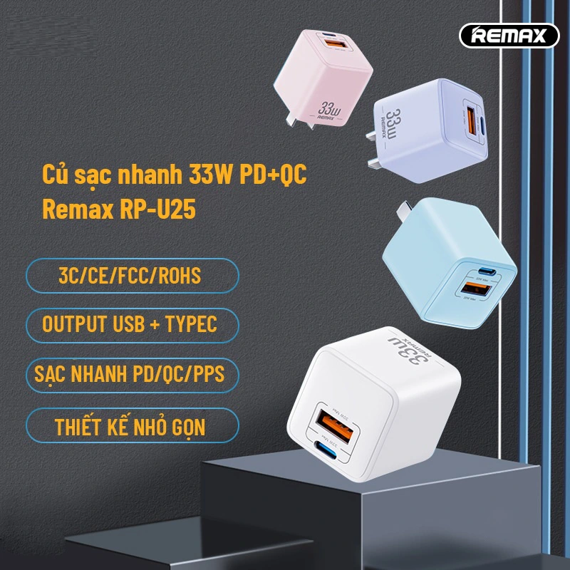 Cốc sạc nhanh 2 cổng Remax RP-U25 USB QC3.0 30W và TypeC PD 33W