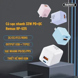 Cốc sạc nhanh 2 cổng Remax RP-U25 USB QC3.0 30W và TypeC PD 33W