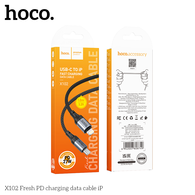 Cáp sạc nhanh HOCO X102 PD27W/60W sạc nhanh dây bện NYLON, chống đứt, độ bền b…