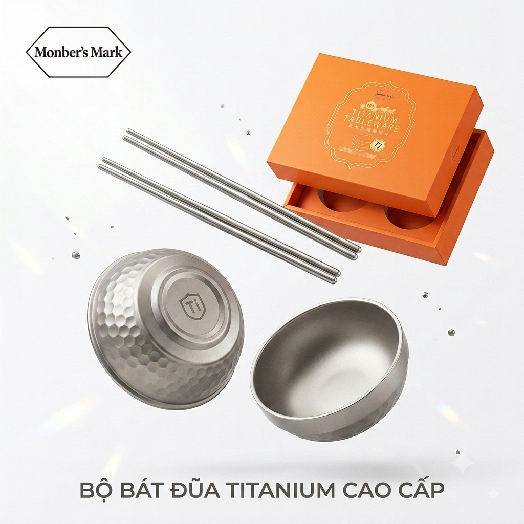 Bộ 2 Bát + 2 đôi đũa TITAN hãng Monber's Mark, chất liệu hợp kim mạ Titanium