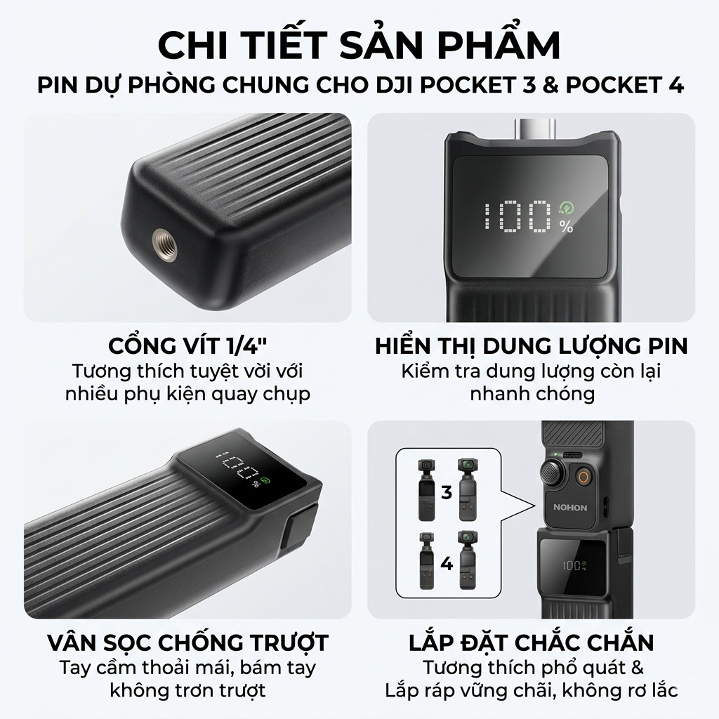 Tay cầm Pin Di Động 10.000mAh NOHON cho DJI Pocket 3 & Pocket 4, sạc nhanh 22.5w