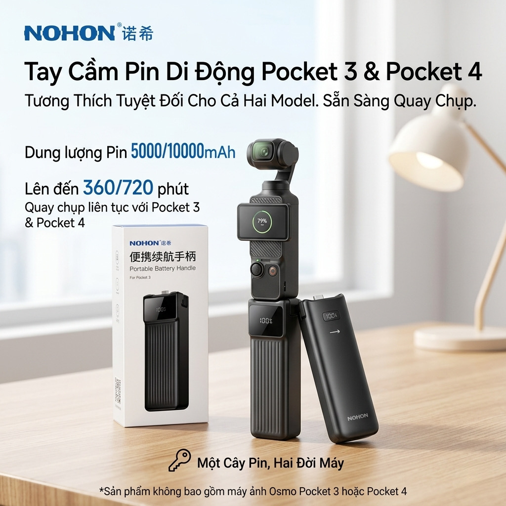 Tay cầm Pin Di Động 10.000mAh NOHON cho DJI Pocket 3 & Pocket 4, sạc nhanh 22.5w