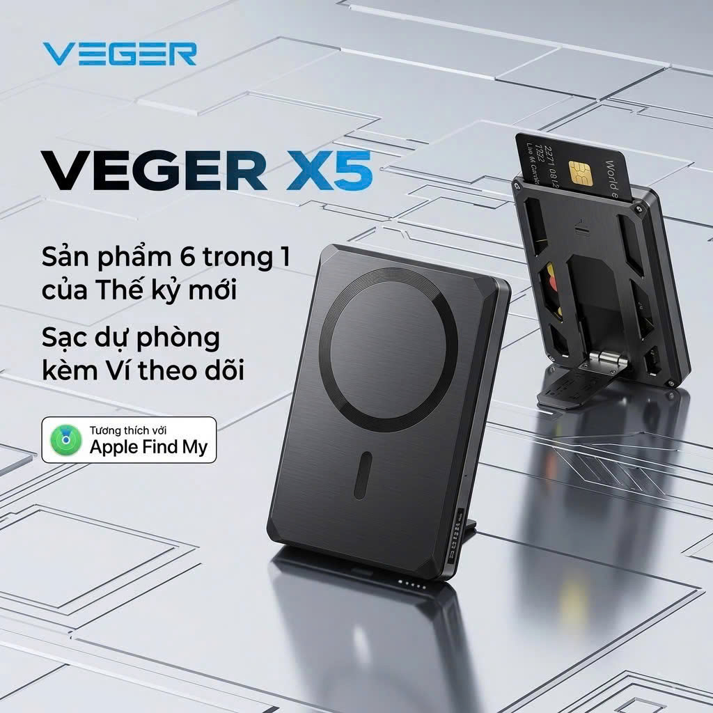 Pin dự phòng 5000mAh VEGER X5 (VG-W0582), có định vị Apple find my, sạc nhanh 20w & Magsafe 