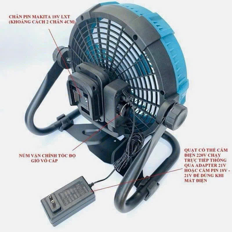 Quạt tích điện Makita, quạt pin Makita dung lượng cao 20000mA, có điêu tốc ,chạy trực tiếp điện 220V