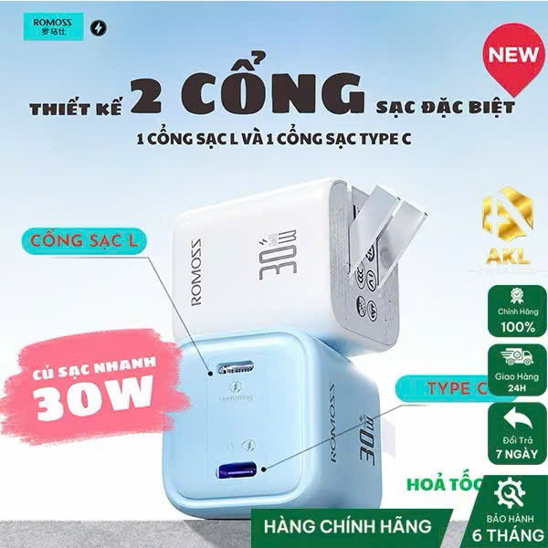 Củ Sạc Nhanh 30W ROMOSS AC30SA 2 Cổng Ra Đặc Biệt 1C + 1L (màu ngẫu nhiên)