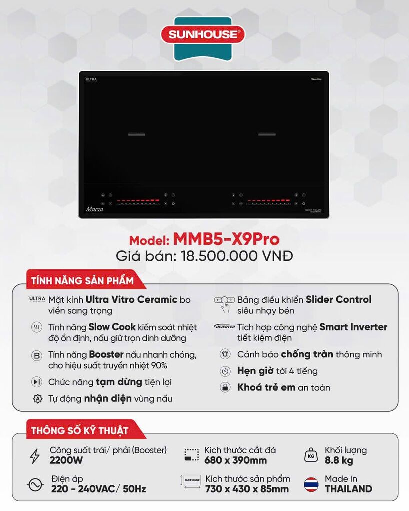 BẾP ĐÔI ĐIỆN TỪ SUNHOUSE MAMA MMB5-X9Pro- Sản xuất Thái Lan - Ảnh 6