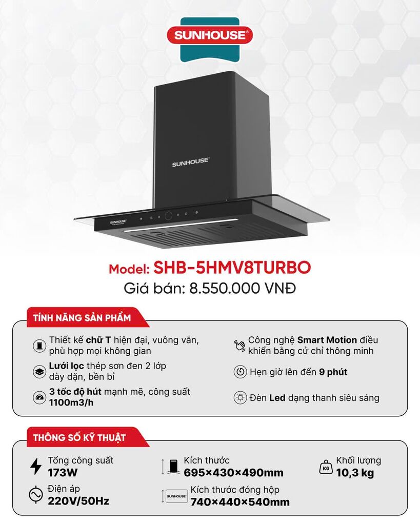 MÁY HÚT MÙI CHỮ T SUNHOUSE SHB5HM-V8Turbo - Ảnh 8