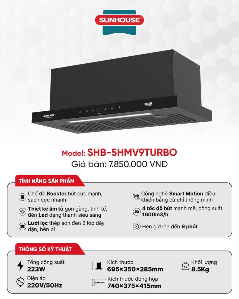 MÁY HÚT MÙI ÂM TỦ SUNHOUSE SHB5HM-V9Turbo - Ảnh 4