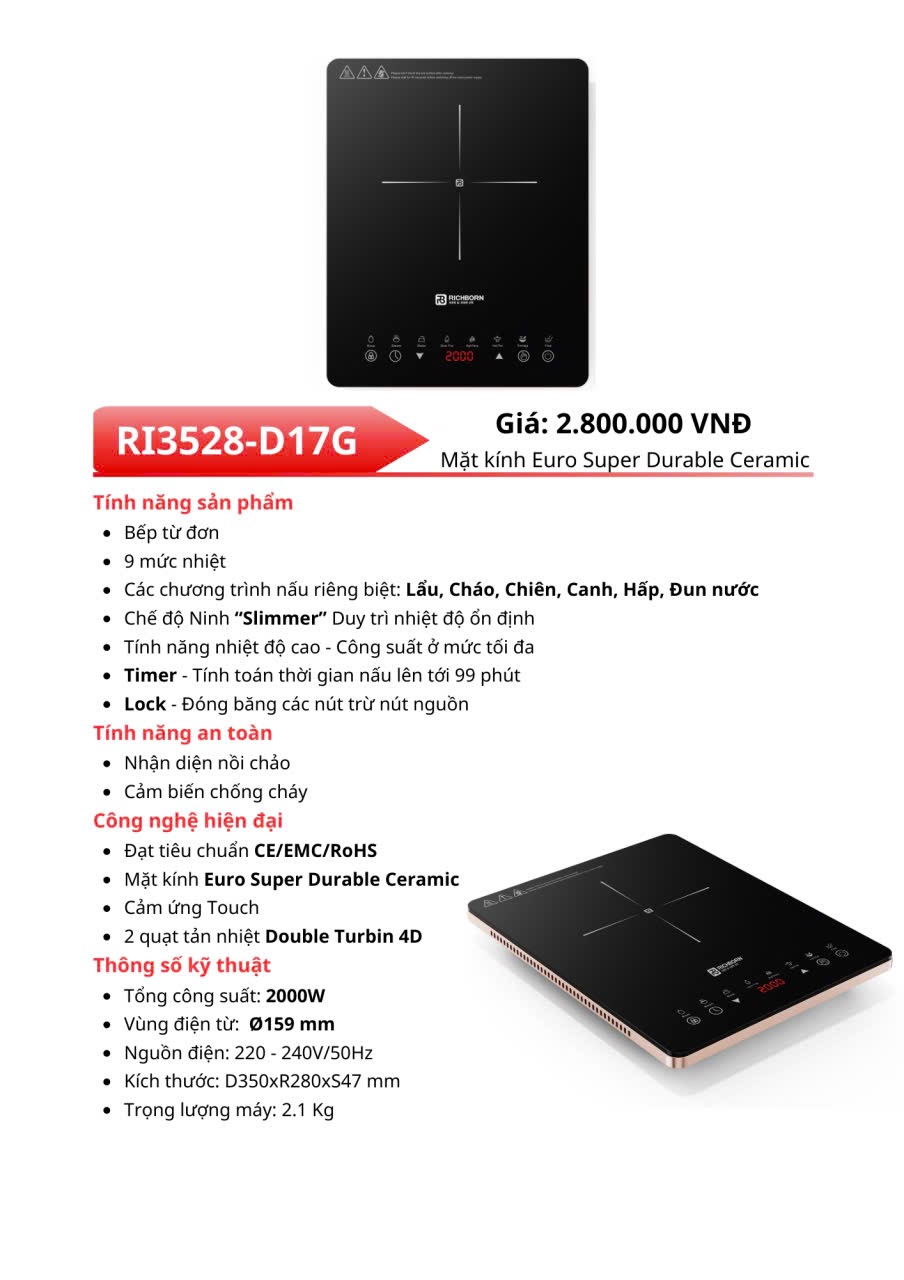 Bếp Từ Đơn RICHBORN RI3528-D17G-Sản xuất Malaisia - Ảnh 7