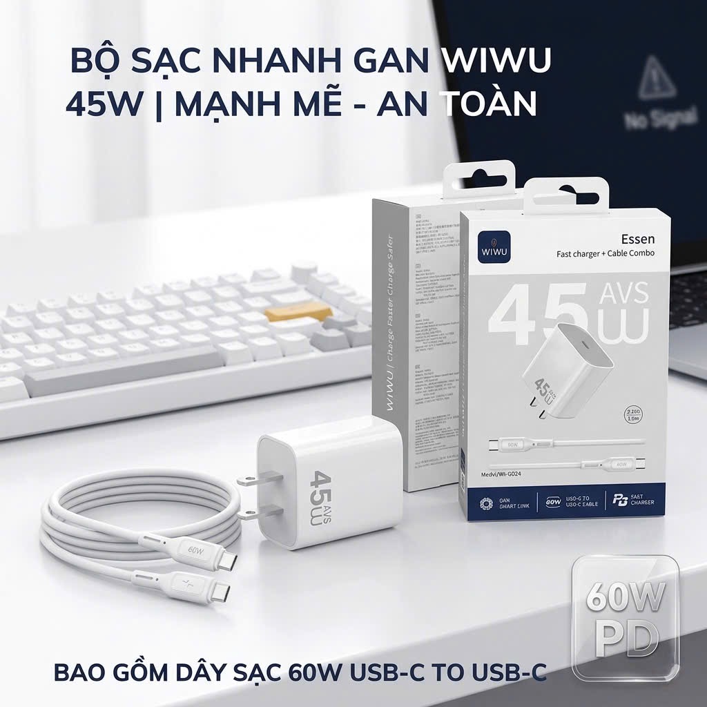 Combo củ sạc + cáp 45w WIWU ESSEN Wi-G024 (kèm cáp C to C 60w) có chứng chỉ CCC