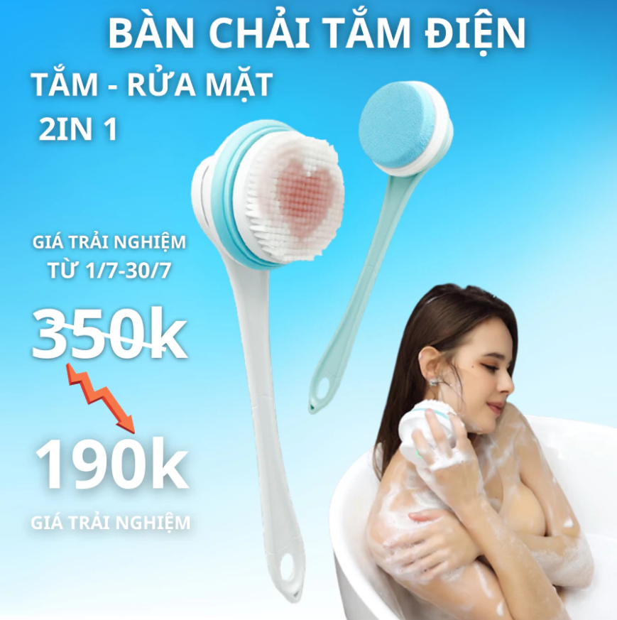 Máy chà lưng kết hợp máy rửa mặt 2 trong 1, bàn chải tắm tự động với 3 đầu thay thế