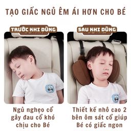 Gối tựa đầu ô tô gấu nâu kèm dây đeo tam giác an toàn cho bé, Minhcar chất liệ…
