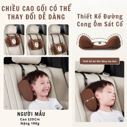 Gối tựa đầu ô tô gấu nâu kèm dây đeo tam giác an toàn cho bé, Minhcar chất liệ…