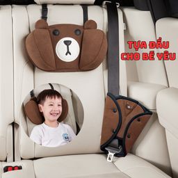 Gối tựa đầu ô tô gấu nâu kèm dây đeo tam giác an toàn cho bé, Minhcar chất liệu bông mềm mại, 