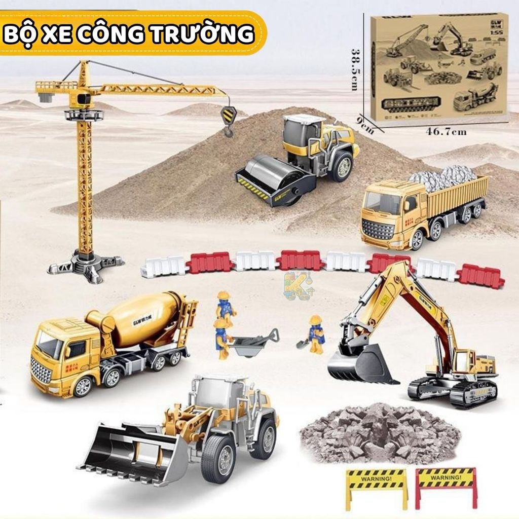 Bộ 6 xe công trường GLW Máy múc lu ủi, xe trộn bê tông, cần cầu, xe ben... chất liệu nhựa abs 