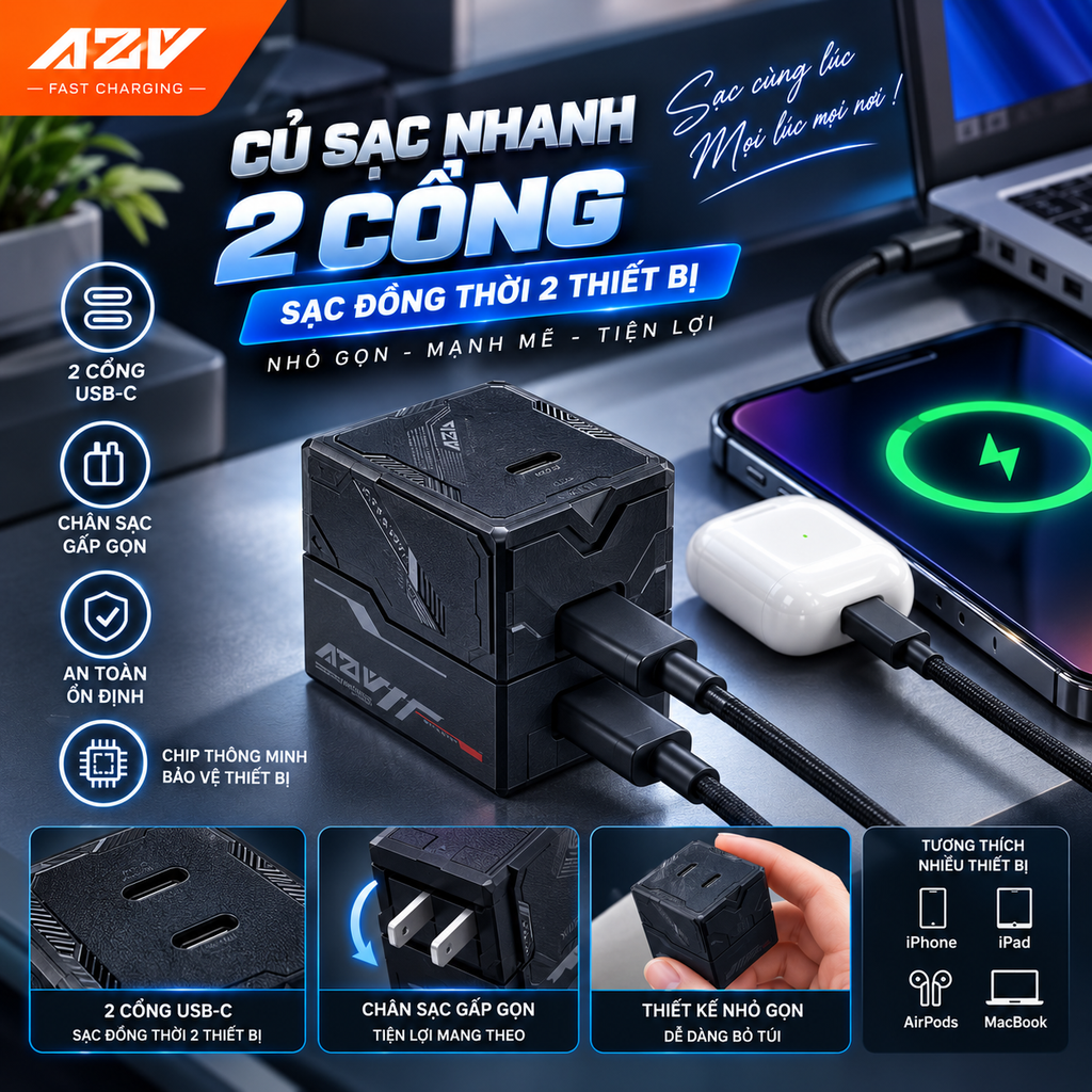 Củ sạc nhanh 40W WP-U14, 2 cổng TypeC sạc nhanh đồng thời,chân cắm gấp gọn, cô…