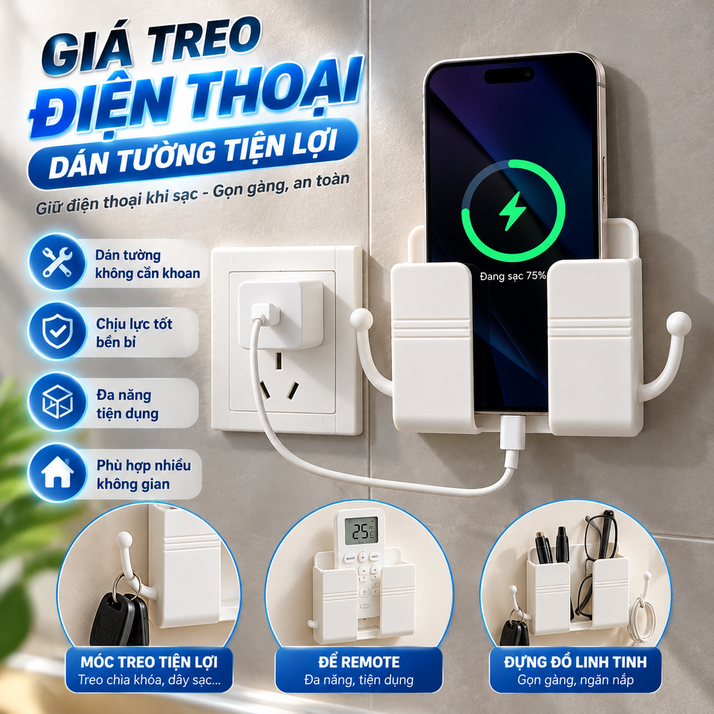 Giá đỡ điện thoại, điều khiển gắn tường tiện dụng, Màu Trắng