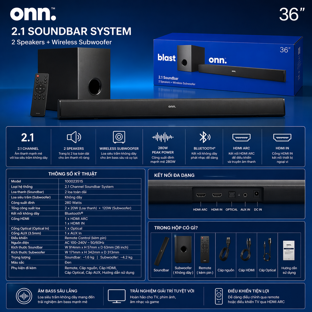 Bộ loa SoundBar + Subwoofer siêu trầm không dây Âm thanh Dolby 280W hãng ONN. 36'' 2.1 ( Mỹ )