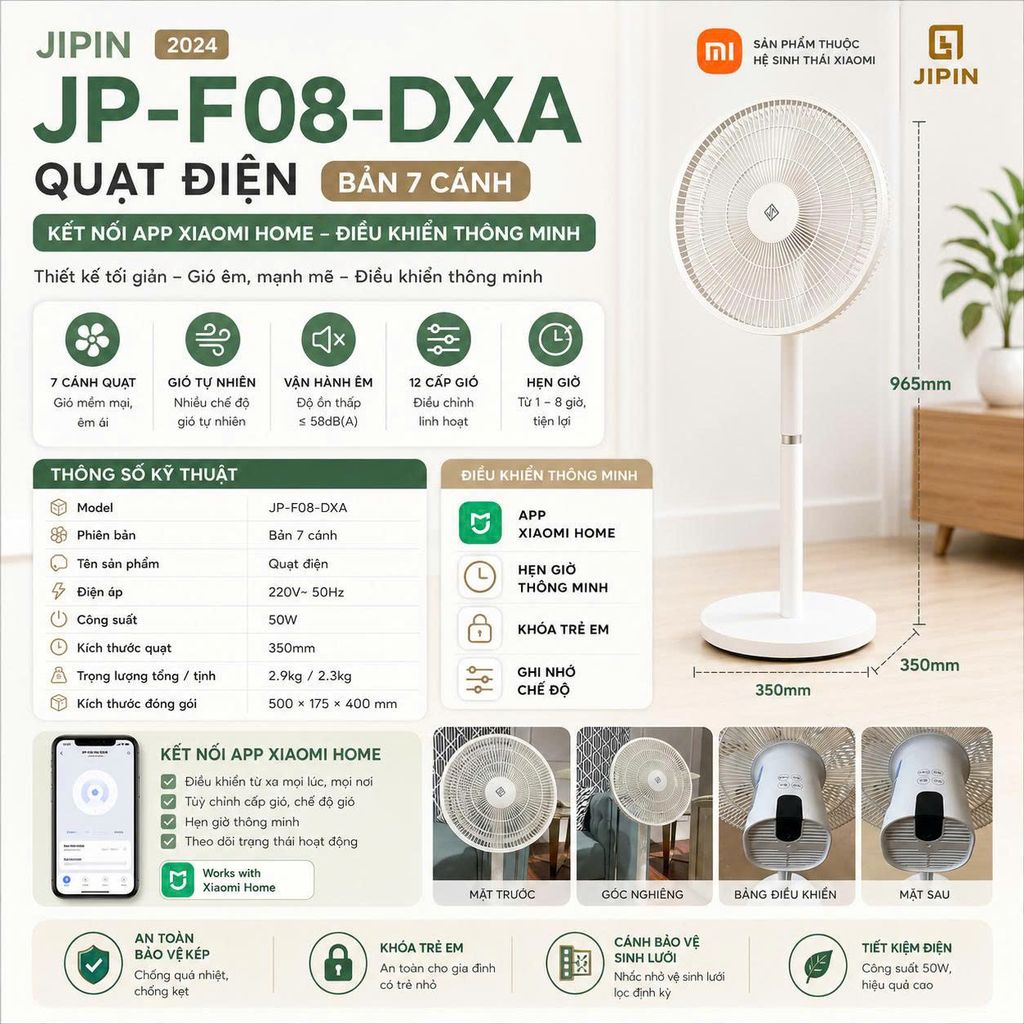 Quạt đứng JIPIN JP-F08-DXA - Bản 7 cánh - PHIÊN BẢN KẾT NỐI APP XIAOMI HOME
