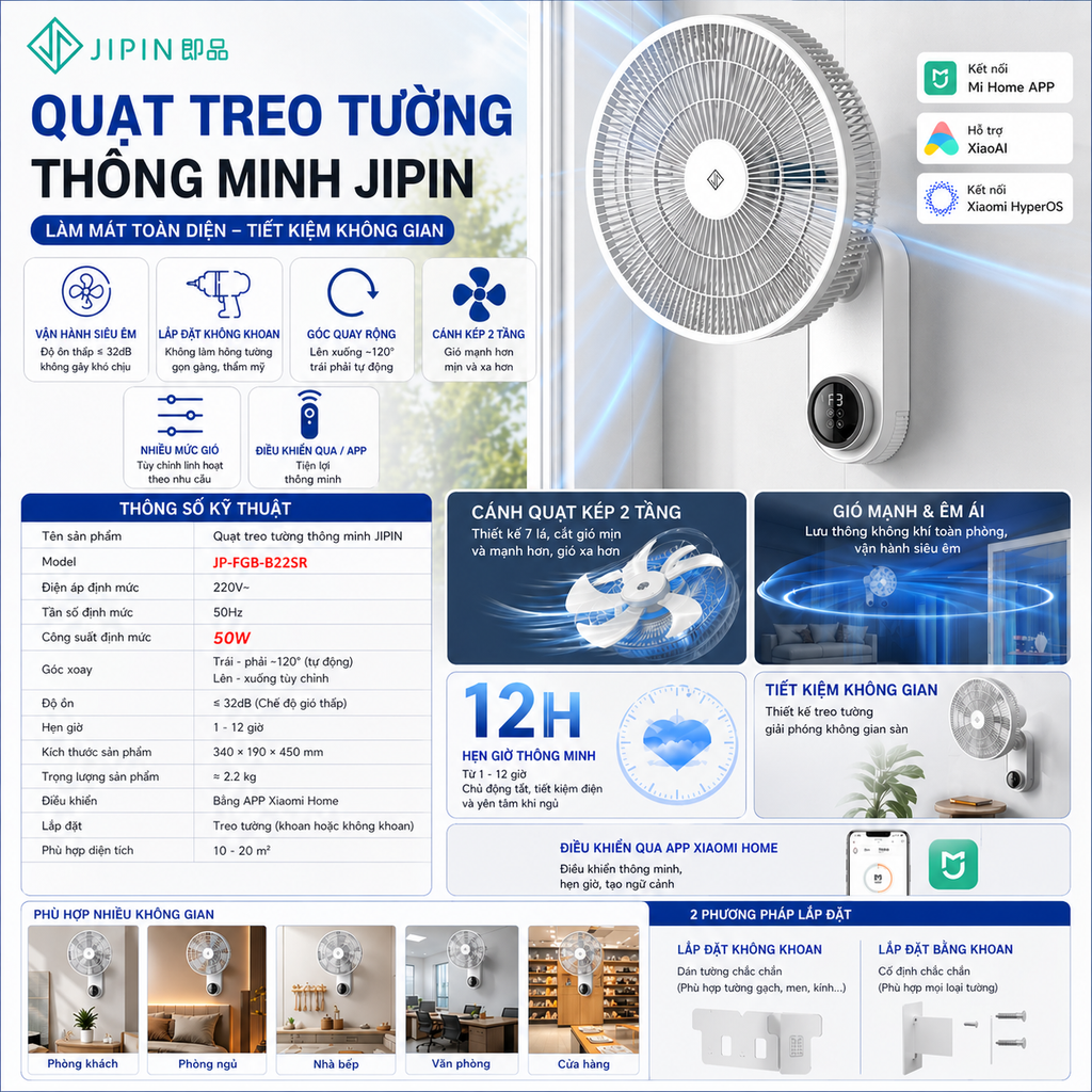Quạt treo tường Jipin JP-FGB-B22SR - PHIÊN BẢN KẾT NỐI APP XIAOMI HOME