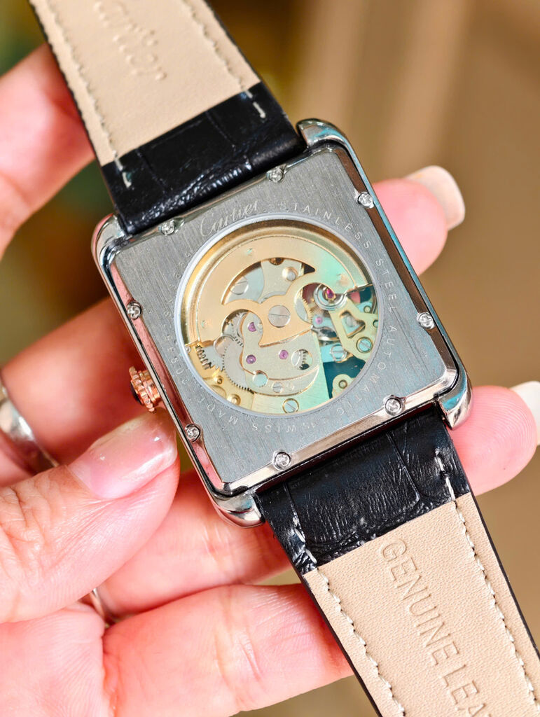 Đồng hồ cơ nam mặt vuông đính đá thời trang CATIER fake dây da  lộ cơ 2 mặt, mặt đính đá - Ảnh 5