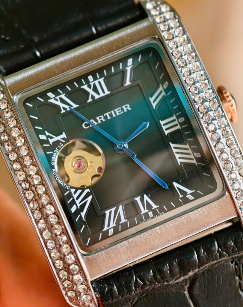 Đồng hồ cơ nam mặt vuông đính đá thời trang CATIER fake dây da  lộ cơ 2 mặt, mặt đính đá - Ảnh 6