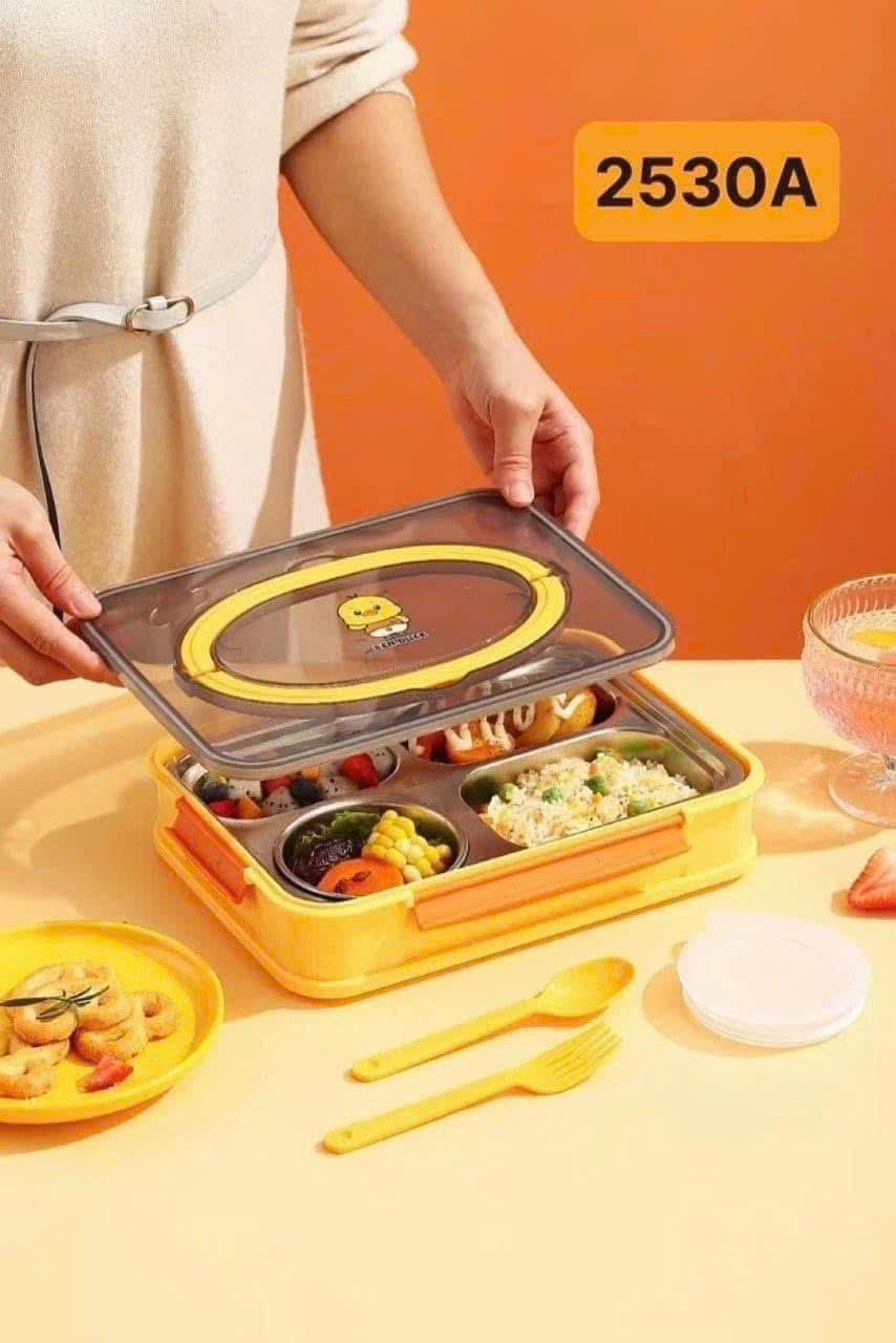 HỘP CƠM RUỘT INOX 4 NGĂN KÈM THÌA DĨA HỌA TIẾT GÀ CON  - Ảnh 8