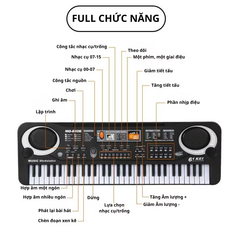 Đàn Piano Cho Bé 61 Phím Kèm Micro, Kết Nối Điện Thoại Và Loa - Đàn Organ Sạc Điện Cho Bé Học Nhạc - Ảnh 2