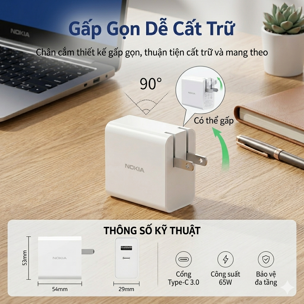 Củ sạc nhanh 65W Nokia P6309 , hai cổng sạc USB-C + USB-A, có PPS 