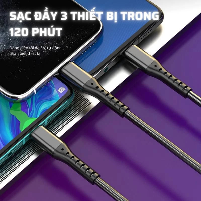 Dây Sạc Dù Kujia 5A 3in1 chống đứt gẫy - Ảnh 5