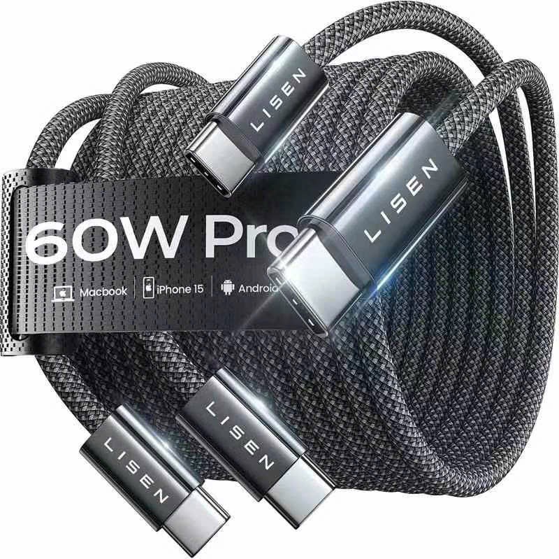 Cáp Lisen 60W C-C 1m (Hàng bán trên Amazon) - Bọc Nylon siêu bền, tương thích cao - Màu Đen - Ảnh 2