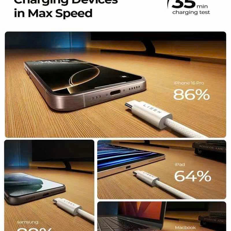 Cáp Lisen 60W C-C 1m (Hàng bán trên Amazon) - Bọc Nylon siêu bền, tương thích cao - Màu Đen - Ảnh 8