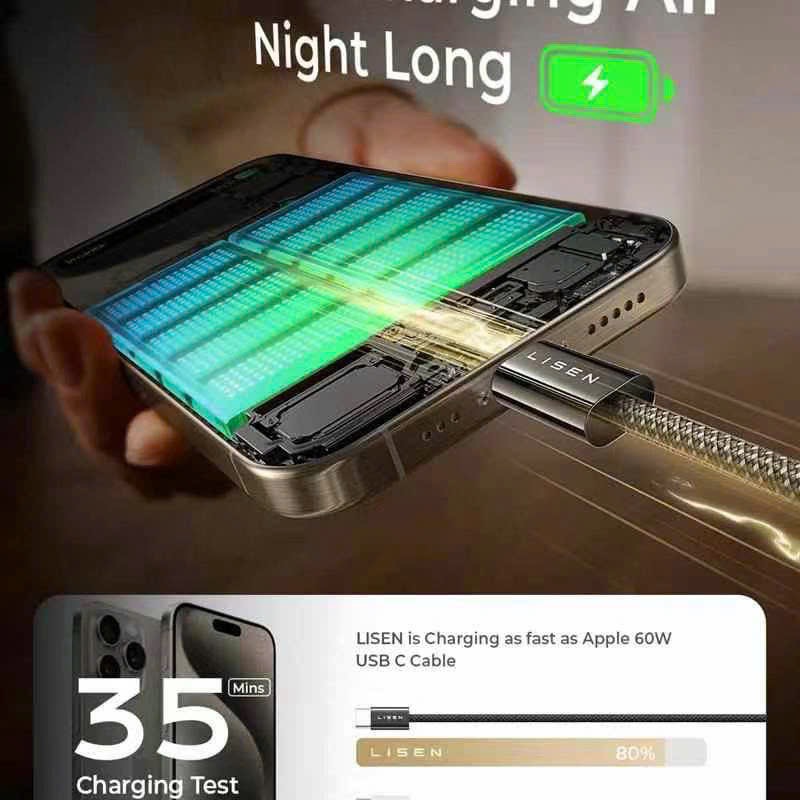 Cáp Lisen 60W C-C 1m (Hàng bán trên Amazon) - Bọc Nylon siêu bền, tương thích cao - Màu Đen - Ảnh 9