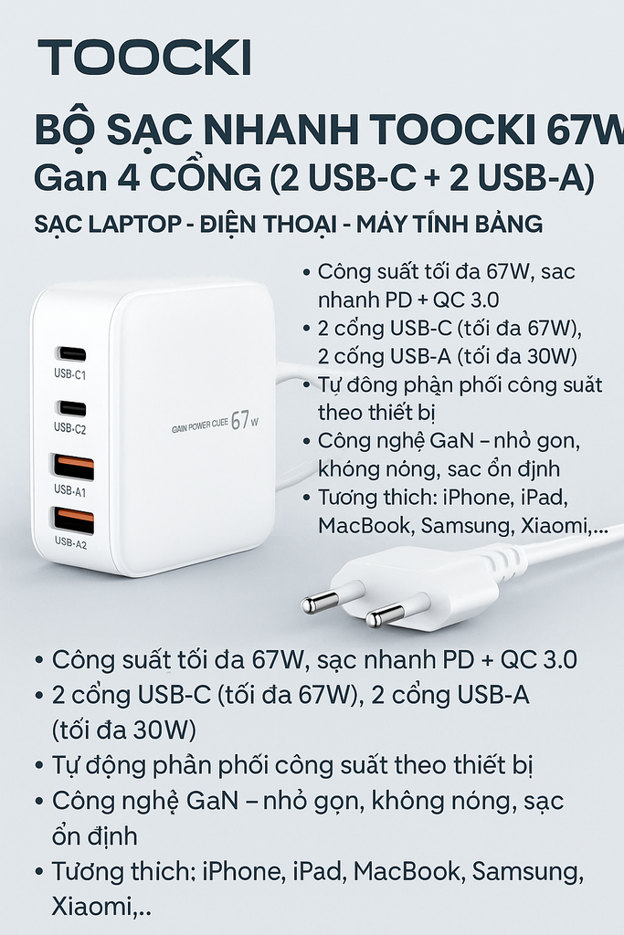 Bộ Sạc Nhanh TOOCKI 67W GaN 4 Cổng - Hàng xuất khẩu thị trường Korea - Ảnh 3